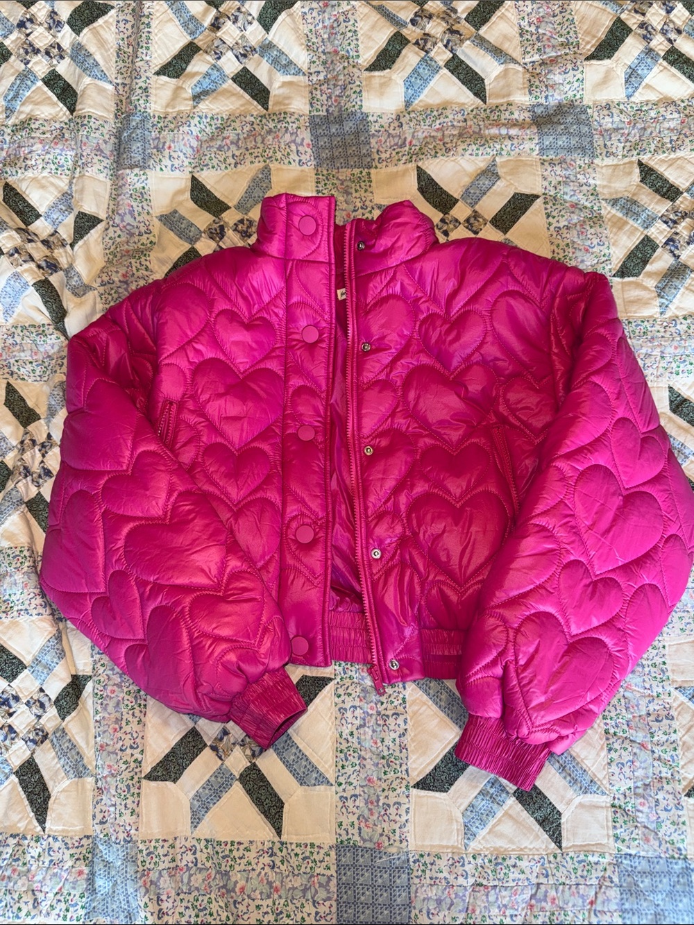 For Love And Lemons Hot Pink Quilted Heart Puffer Jacket